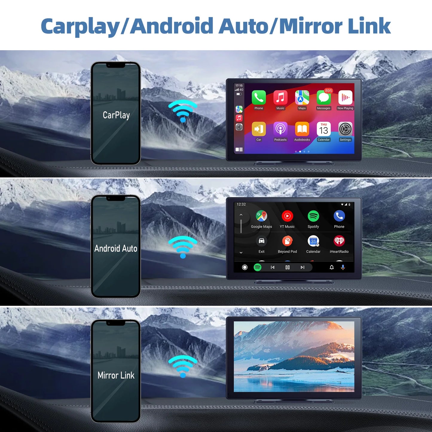 9 Inches Portable Wireless CarPlay with 4K Dash Cam