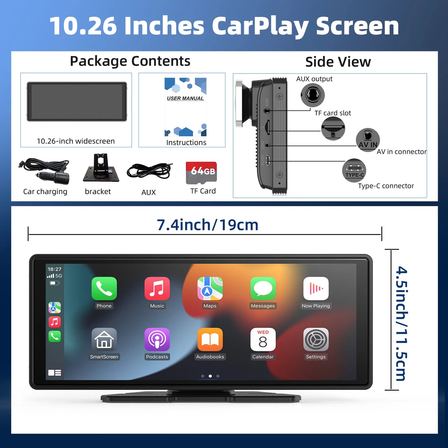 10.26" Inch Portable Wireless CarPlay Screen