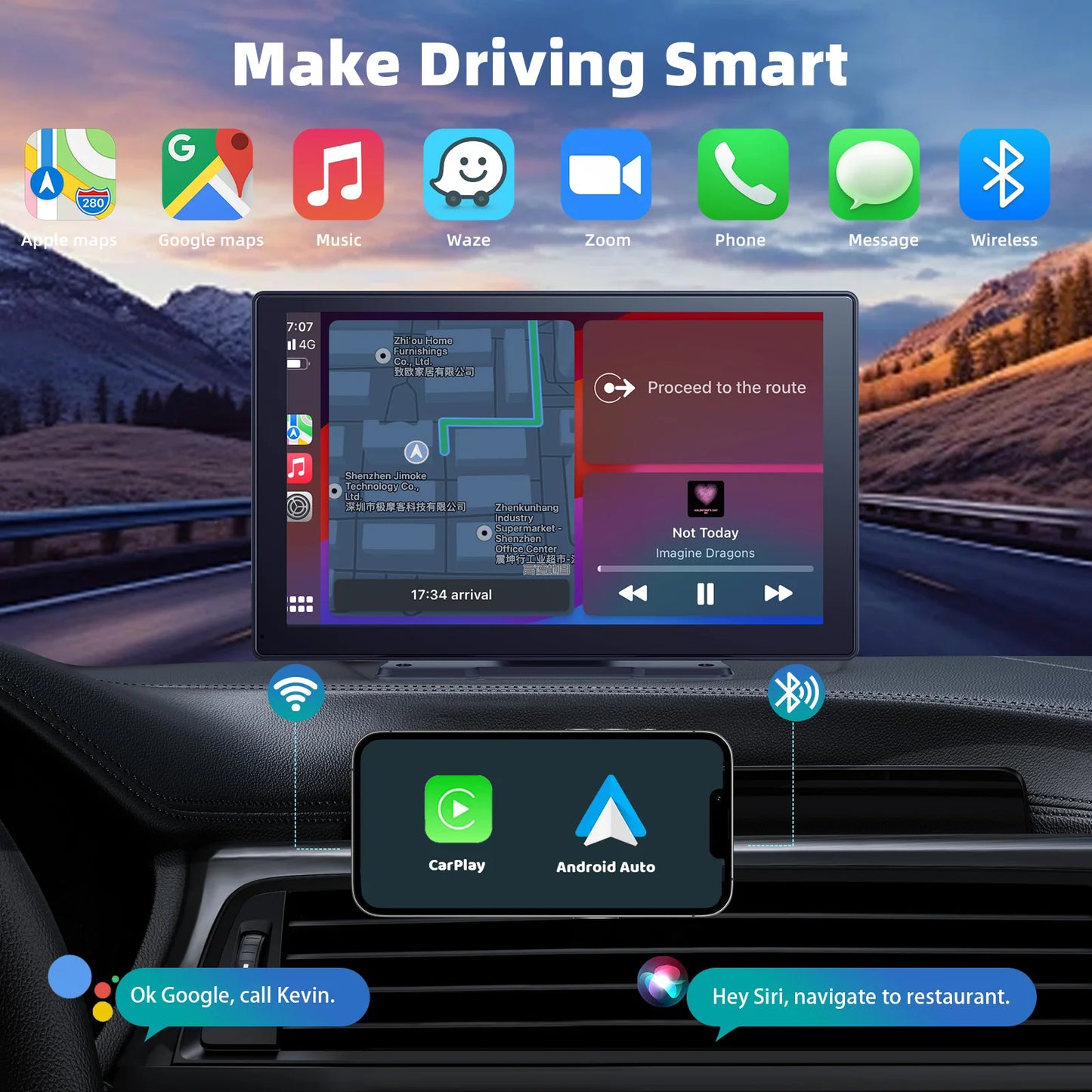 9 Inches Portable Wireless CarPlay with 4K Dash Cam