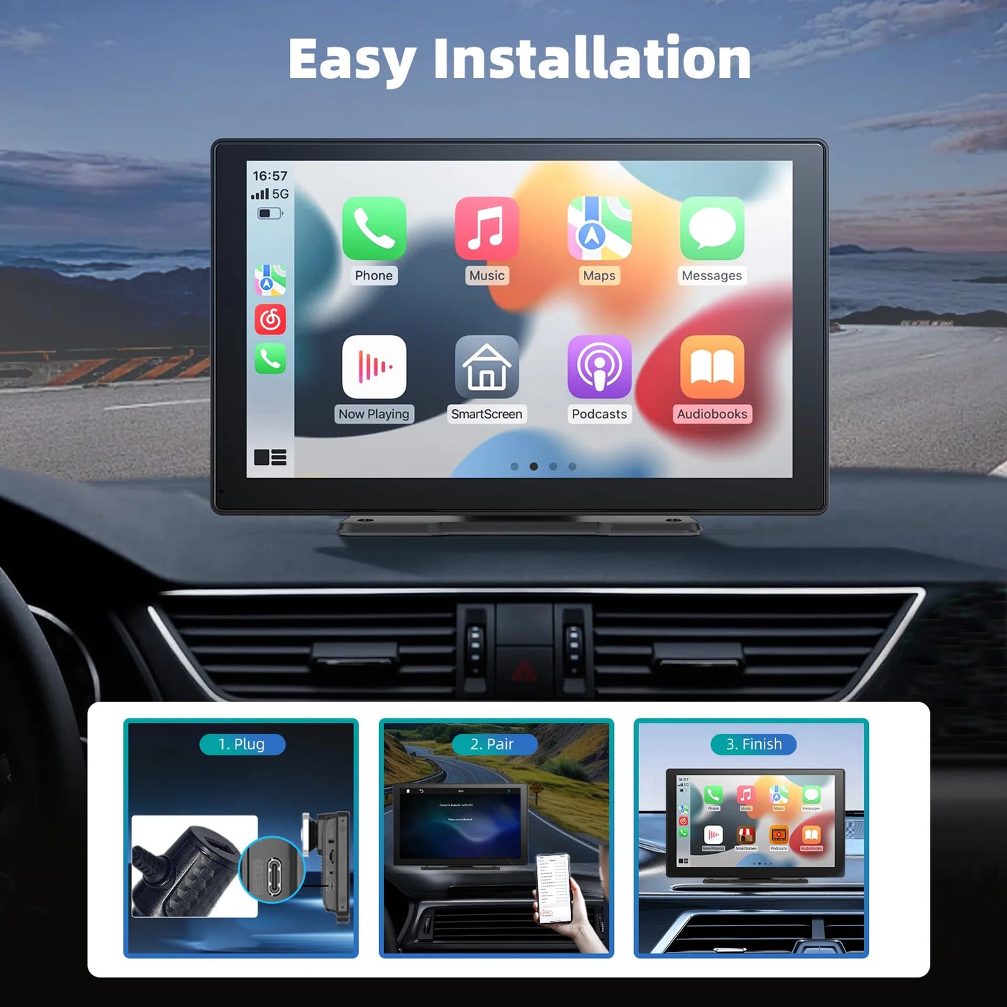 9 Inches Portable Wireless CarPlay with 4K Dash Cam