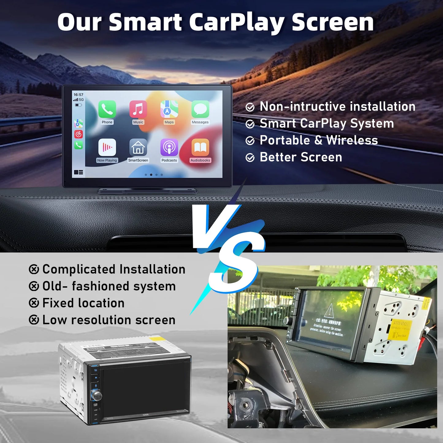9 Inches Portable Wireless CarPlay with 4K Dash Cam